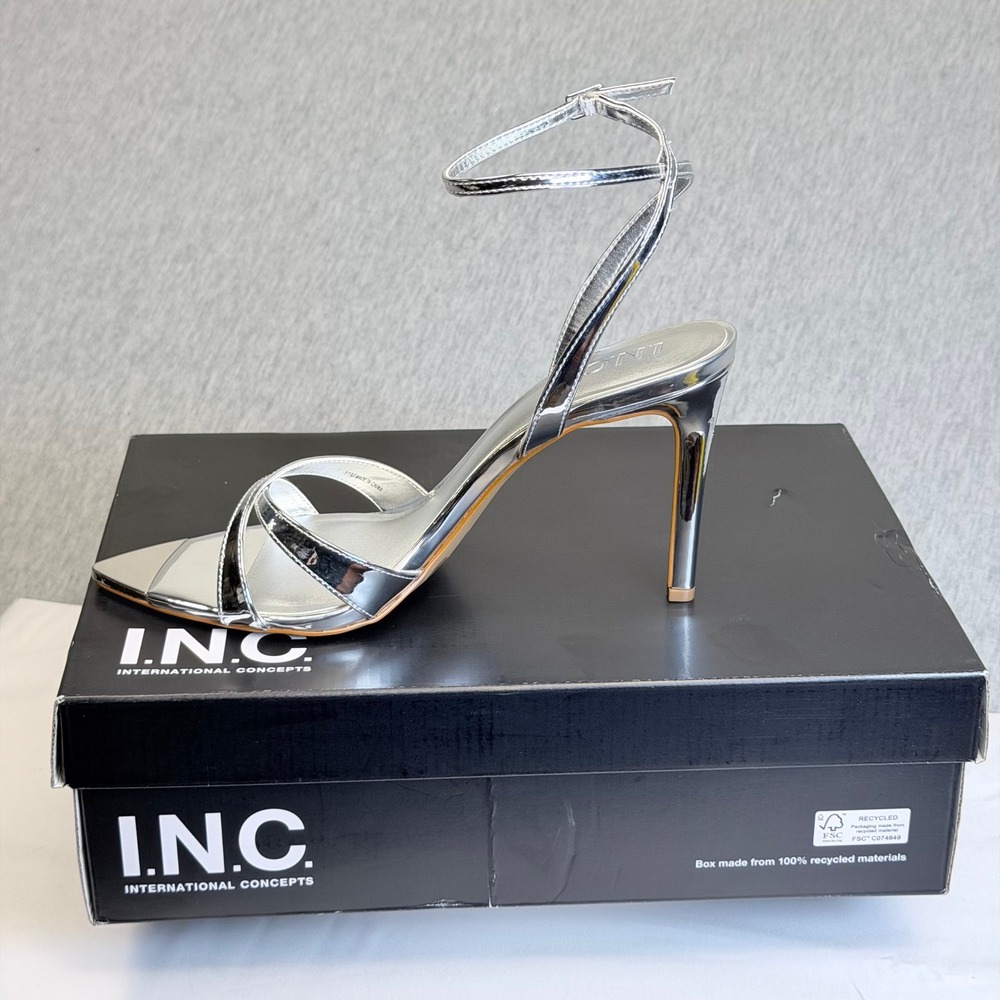 INC International Concepts Aelizia Silver Metallic Ankle Strap Sandals 11M
